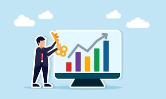 Businessman holding key beside monitor displaying rising graph representing business performance improvement solution vector