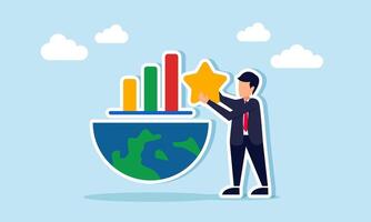 Businessman holding star next to half a globe and chart illustration of progress increase in international global business quality standards vector