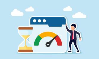 Businessman standing beside hourglass and app interface showing level indicator illustration of schedule or timeline related to business monitoring vector