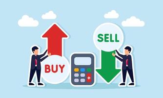 Two businessmen each holding up arrow for sell and down arrow for buy with calculator between them illustration of calculation strategy and trading risk vector