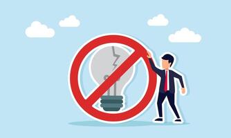 Businessman standing beside broken lamp with a cross sign illustration of caution in applying wrong and unsuitable ideas vector