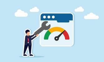 Businessman holding machine key beside monitor showing level indicator illustration of maintenance system and business quality standardization vector