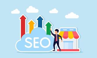 Businessman stand between store and cloud labeled SEO with upward arrow illustration of keyword optimization search engine to increase product attention and sales vector