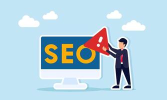businessman holding warning sign next to monitor displaying SEO text illustration of the need for caution and accuracy in business keyword optimization vector