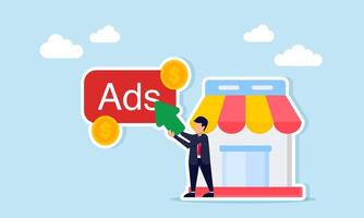 Businessman standing beside store holding cursor pointing at ads button with dollar coin illustration of paid per click business vector