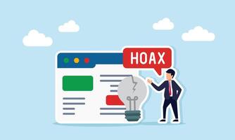 Businessman saying hoax beside broken lightbulb and app interface illustration of caution against scams using fake app or website interfaces vector