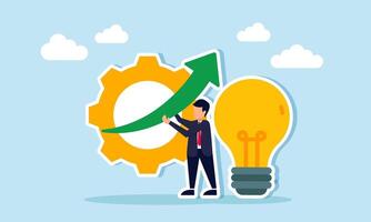 Businessman holding an upward arrow in front of a gear and lit lamp illustration of performance improvement through the right business idea implementation vector