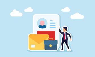 Businessman standing next to profile document envelope and briefcase illustration of job application with impressive curriculum vitae and work experience vector