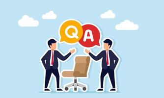 Two businessmen having question and answer session between office chairs illustration of new employee interview vector