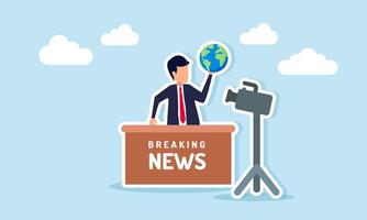 Businessman reading live news while holding a globe illustration of sharing information about global business development vector