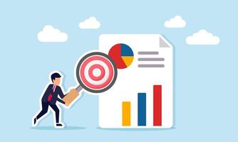Businessman holding a magnifying glass with a target board sign examining a report with a chart illustration of business target performance analysis vector