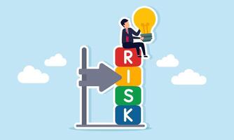 Businessman sitting on risk indicator block holding lamp illustration of risk calculation in applying business ideas vector