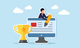 Businessman holding a pen emerging from behind a monitor next to a trophy illustration of designing and building a website to support business as a leading company vector