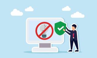 Businessman holding a shield beside a monitor showing a broken light with a forbidden sign illustration of rejecting or warning in applying business ideas vector
