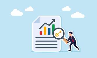 Businessman examining document with graph using magnifying glass marked with key illustration of solution to improve business performance vector