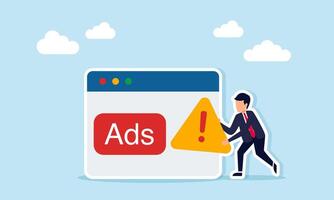 Businessman holding a caution sign next to an app interface showing a board with the word ads illustration of warning about provocative or sensitive ads vector