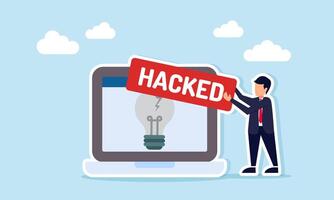 businessman holding hacked sign next to laptop with broken light illustration of business idea theft warning by rival hacker vector