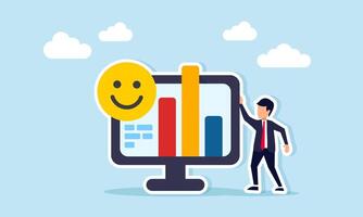 Businessman standing beside monitor showing chart and happy emoticon illustration of monitoring and analyzing market response to business digitally vector