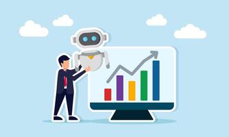 Businessman holding robot beside monitor displaying rising graph representing business performance optimization vector