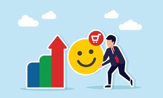 Businessman standing beside graph holding happy emoticon with chart icon representing positive response to increased product sales vector