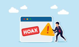 Businessman holding warning sign next to app interface showing hoax board illustration of scam website or app alert vector