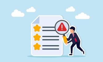 Businessman examining document with star list using magnifying glass marked with attention illustration of importance in improving business quality for competitive advantage vector