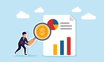 Businessman holding a magnifying glass with a dollar sign examining a report with a chart illustration of business management analysis and financial report vector