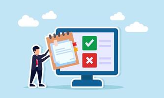 Businessman holding task book beside monitor showing check and cross signs illustration of differing opinions in business project completion methods vector