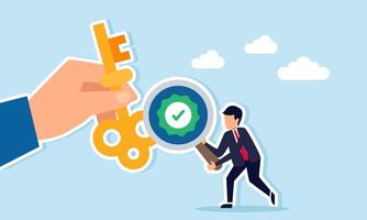 Businessman holding magnifying glass with checkmark label observing hand holding key illustration of validation and verification of the right business solution vector
