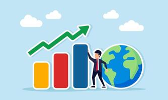 Businessman standing between rising chart and globe illustration of global market response progress to business vector