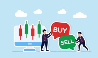 Two businessmen next to a monitor showing candlestick stock chart each holding chat bubbles with buy and sell text illustration of business stock trading vector