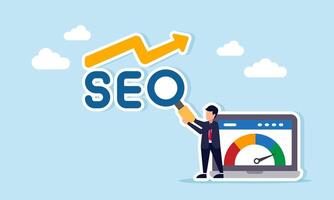Businessman standing beside laptop showing level indicator with magnifying glass as letter O illustration of increasing market sales graph due to keyword optimization vector