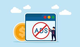 Businessman placing a stop sign in front of an app interface with a dollar coin warning about financial or investment scam advertisements illustration vector
