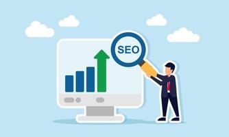 Businessman standing beside monitor showing rising graph holding magnifying glass with SEO text illustration of increasing market sales graph due to keyword optimization vector