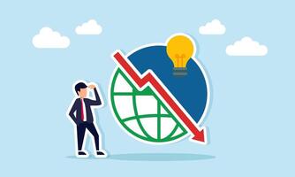 Businessman confused with downward arrow and lit lamp on globe illustration of business performance decline due to lack of innovation in business ideas vector
