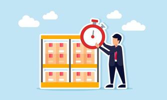 Businessman holding stopwatch near package box shelf illustration of timeline and schedule related to logistics package delivery vector