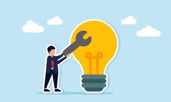 Businessman holding machine key beside lit lamp illustration of evaluation of business idea implementation vector