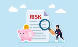 Businessman holding a magnifying glass examining a document labeled risk next to a piggy bank illustration of risk analysis in selecting business investment manager vector