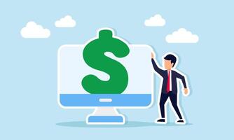 Businessman Standing Next to Monitor with Dollar Symbol Emerging from Screen Representing Business Financial Administration Illustration vector