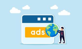 Businessman holding a globe in front of an app interface displaying an ADS sign illustrating global advertising management vector
