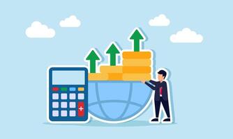 Businessman stacking coins on half a globe with a calculator illustration of financial business investment risk calculation global scale vector