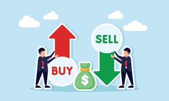 Two businessmen each holding up arrow for sell and down arrow for buy with money bag between them illustration of take profit from stock trading vector