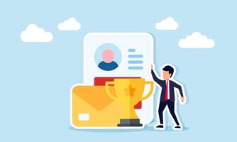 Businessman standing next to profile document envelope and trophy illustration of job application with impressive curriculum vitae and work experience vector