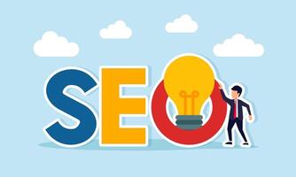 Businessman standing next to SEO text with a lit lamp illustration of idea application for keyword search engine optimization in business vector