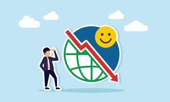 Businessman confused with downward arrow and happy emoticon on globe illustration of decline in positive public attention to business products vector
