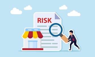Businessman holding a magnifying glass examining a document labeled risk next to a store illustration of risk analysis in marketplace business management operations vector