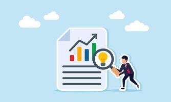 Businessman examining document with graph using magnifying glass marked with lit lamp illustration of applying the right business idea to improve business performance vector