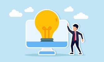 Businessman Standing Next to Monitor with Light Emanating from Screen Representing Business Idea Search Illustration vector