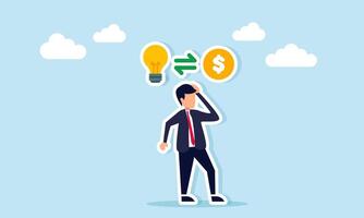 Businessman thinking with lightbulb icon exchange sign and dollar coin illustration of brainstorming ideas to utilize business financial assets vector