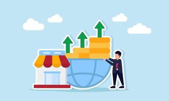 Businessman stacking coins on half a globe with a store illustration of financial risk management business marketplace global scale vector
